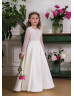 Long Sleeves Ivory Lace Satin Flower Girl Dress